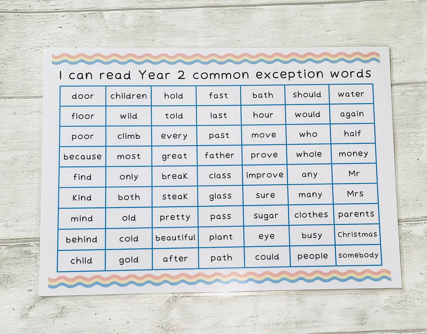 Year 2 Key Words Mat